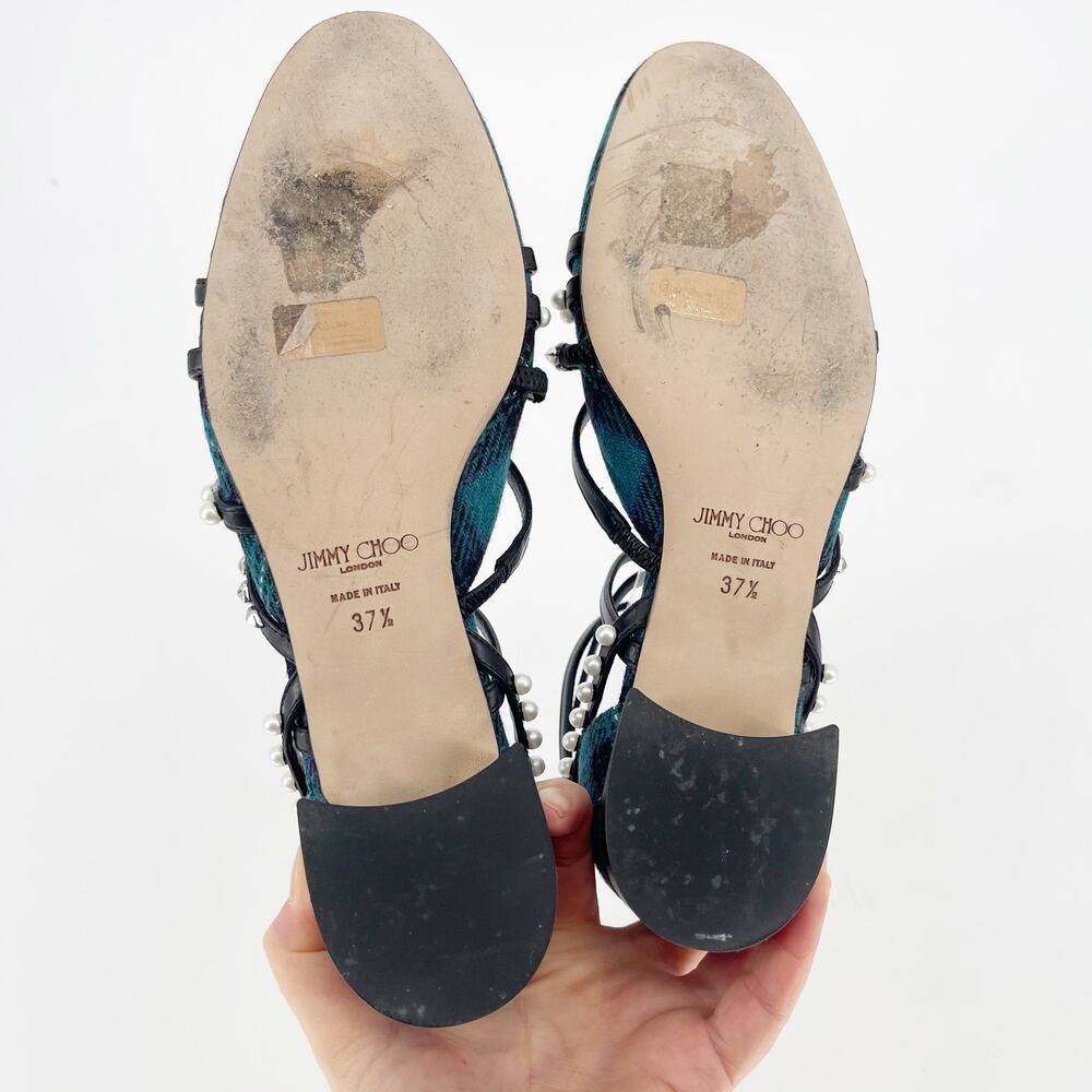 Jimmy Choo Celestia 25 Peacock Tartan Pearl Studded Mary Jane Flats IT 37.5 - Picture 12 of 13